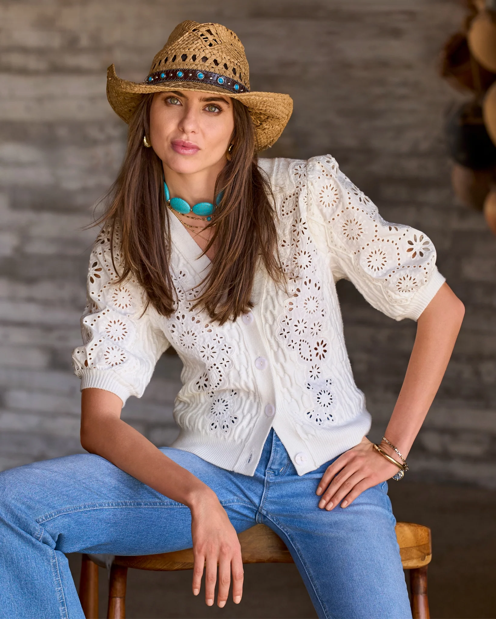 Eyelet Cable Button Up Cardigan Sweater Off White - Mycitystee