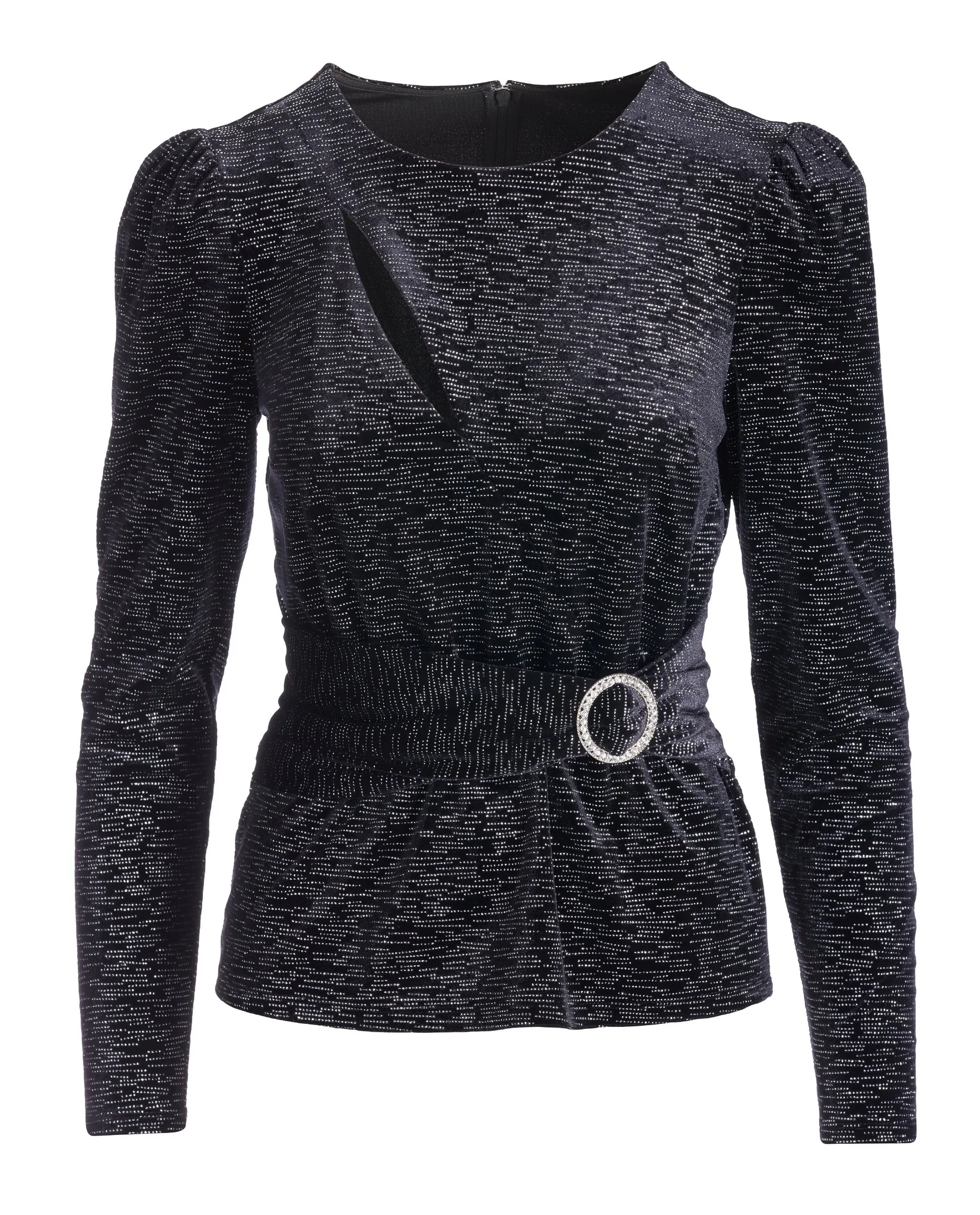 Metallic Velvet Cut Out Belted Knit Top Black/Silver - Mycitystee