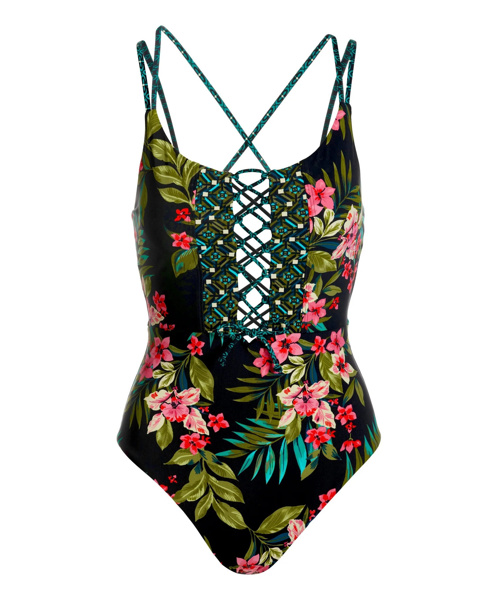 Tropical Lace-Up Plunge One-Piece Swimsuit Black Multi - Mycitystee