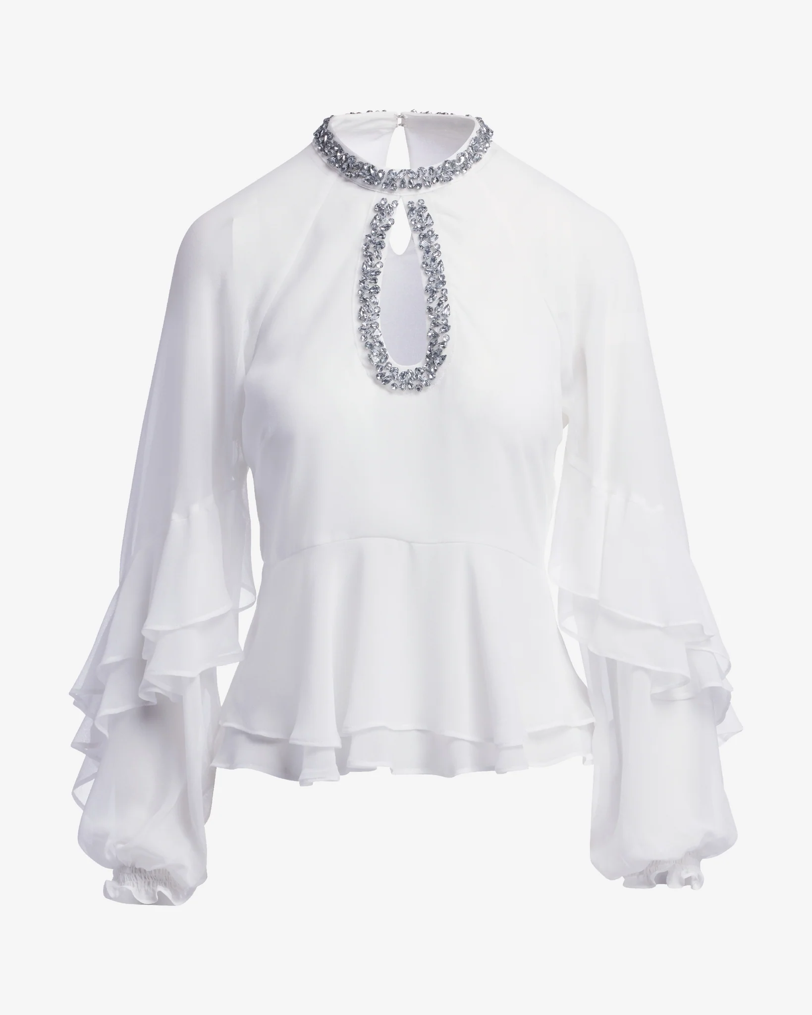 Embellished Keyhole Ruffle Blouse Off White - Mycitystee