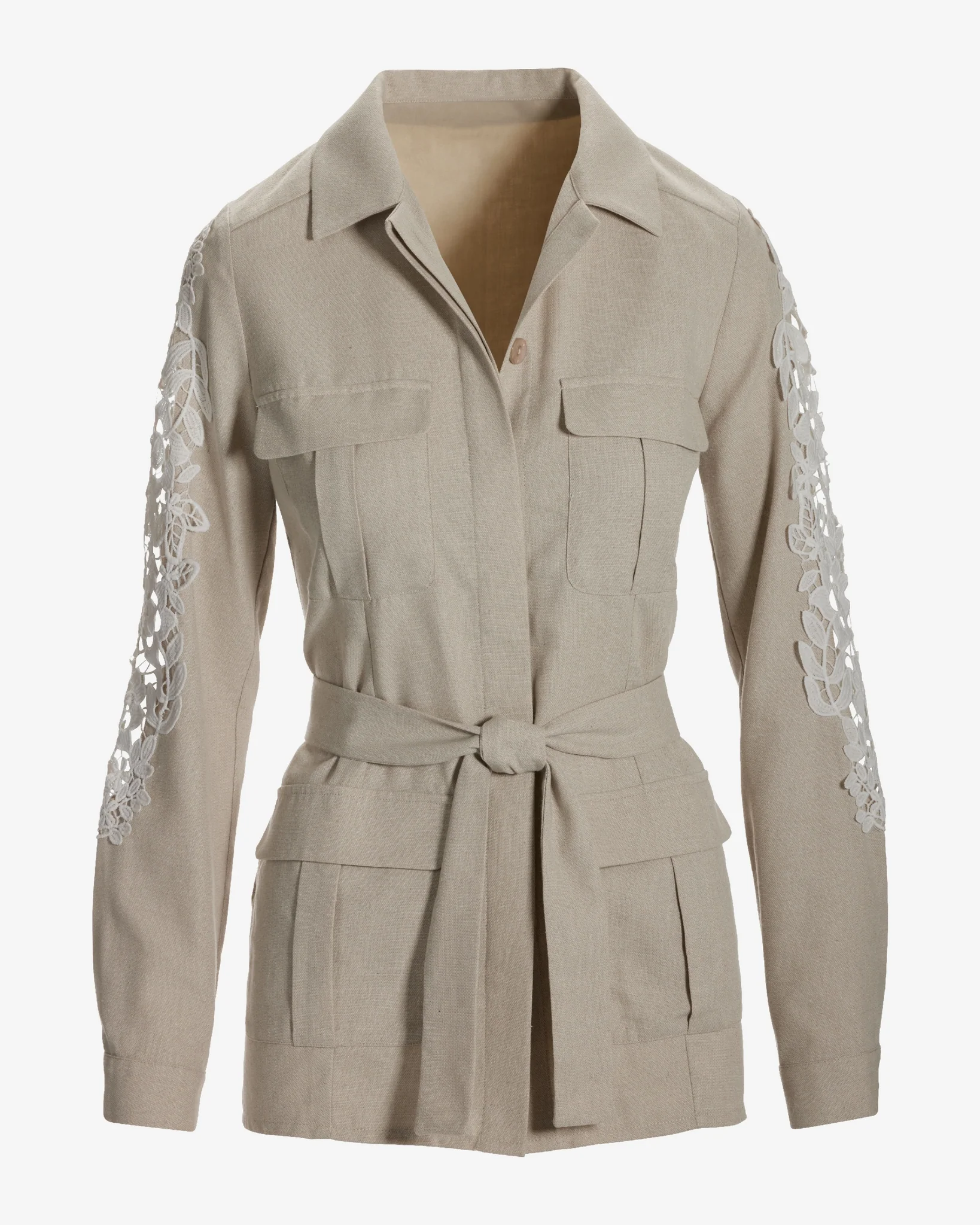 Lace Inset Linen Utility Jacket Tan - Mycitystee
