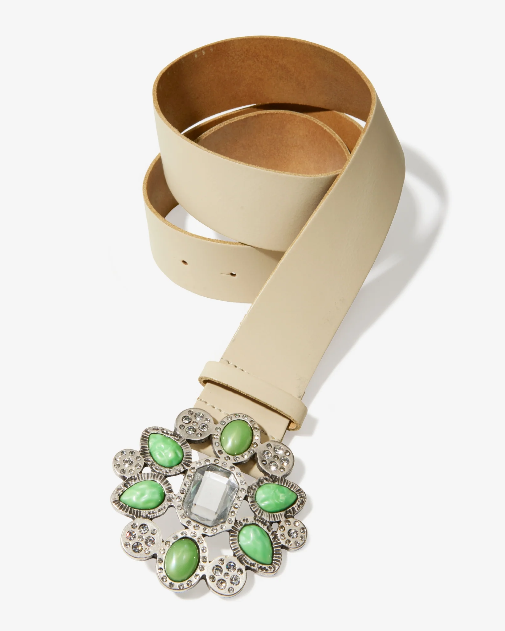 Studded Buckle Leather Belt Cream - Mycitystee