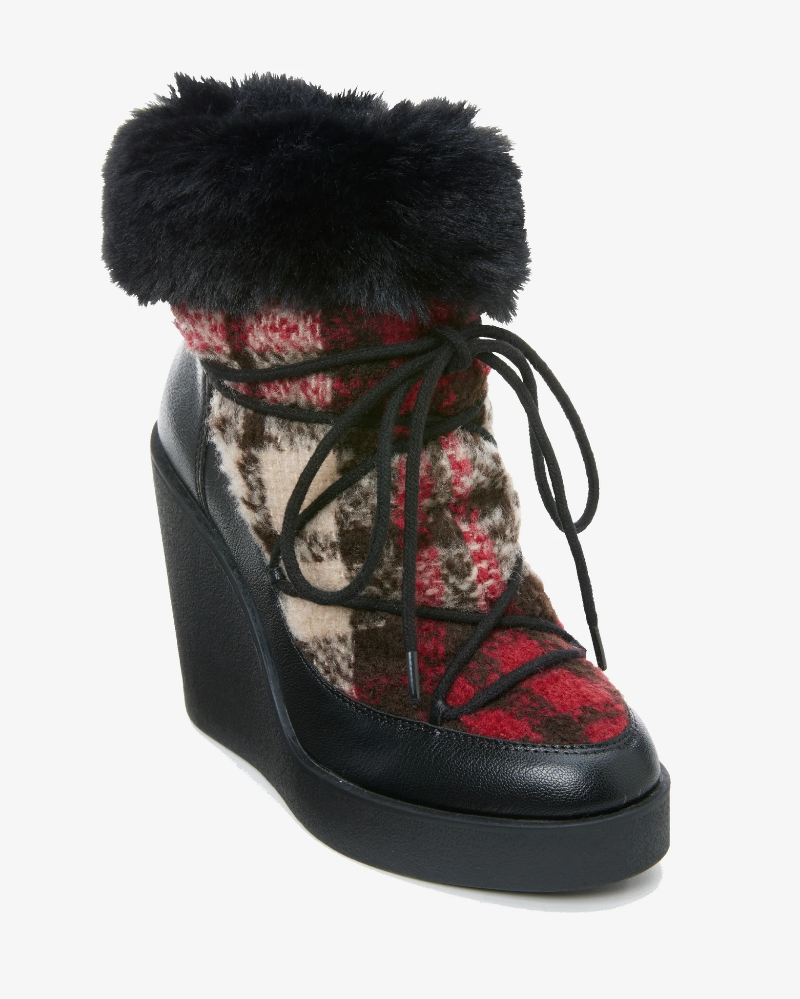 Fur Trim Wedge Bootie Black Multi - Mycitystee