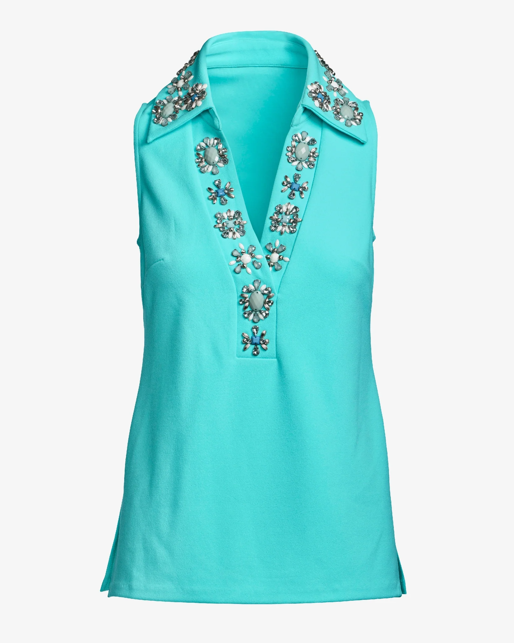 Collared Embellished Knit Top Aqua Splash - Mycitystee