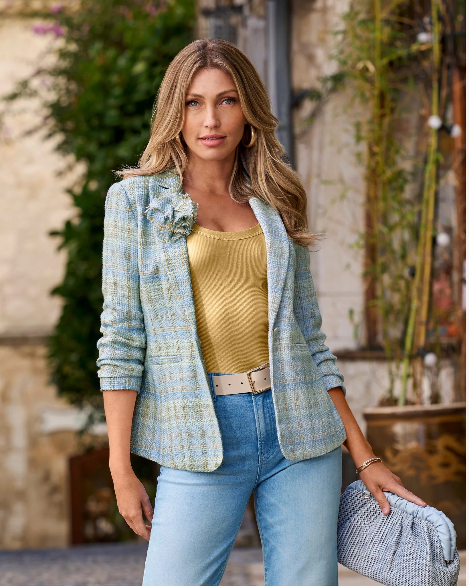 Tweed Ruched Sleeve Single Button Blazer Blue Multi - Mycitystee