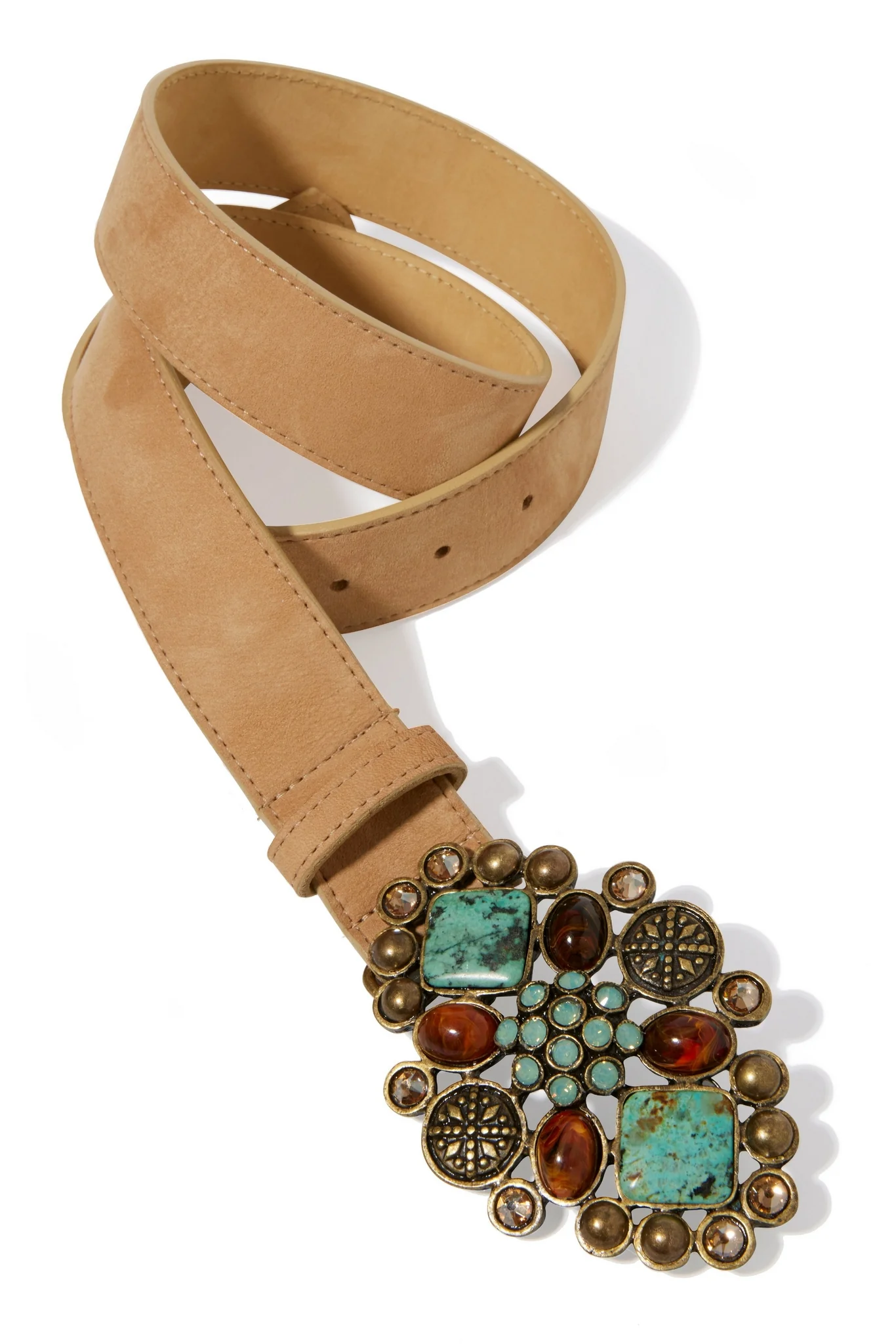 Marble And Gem Detail Leather Belt Turquoise Multi - Mycitystee