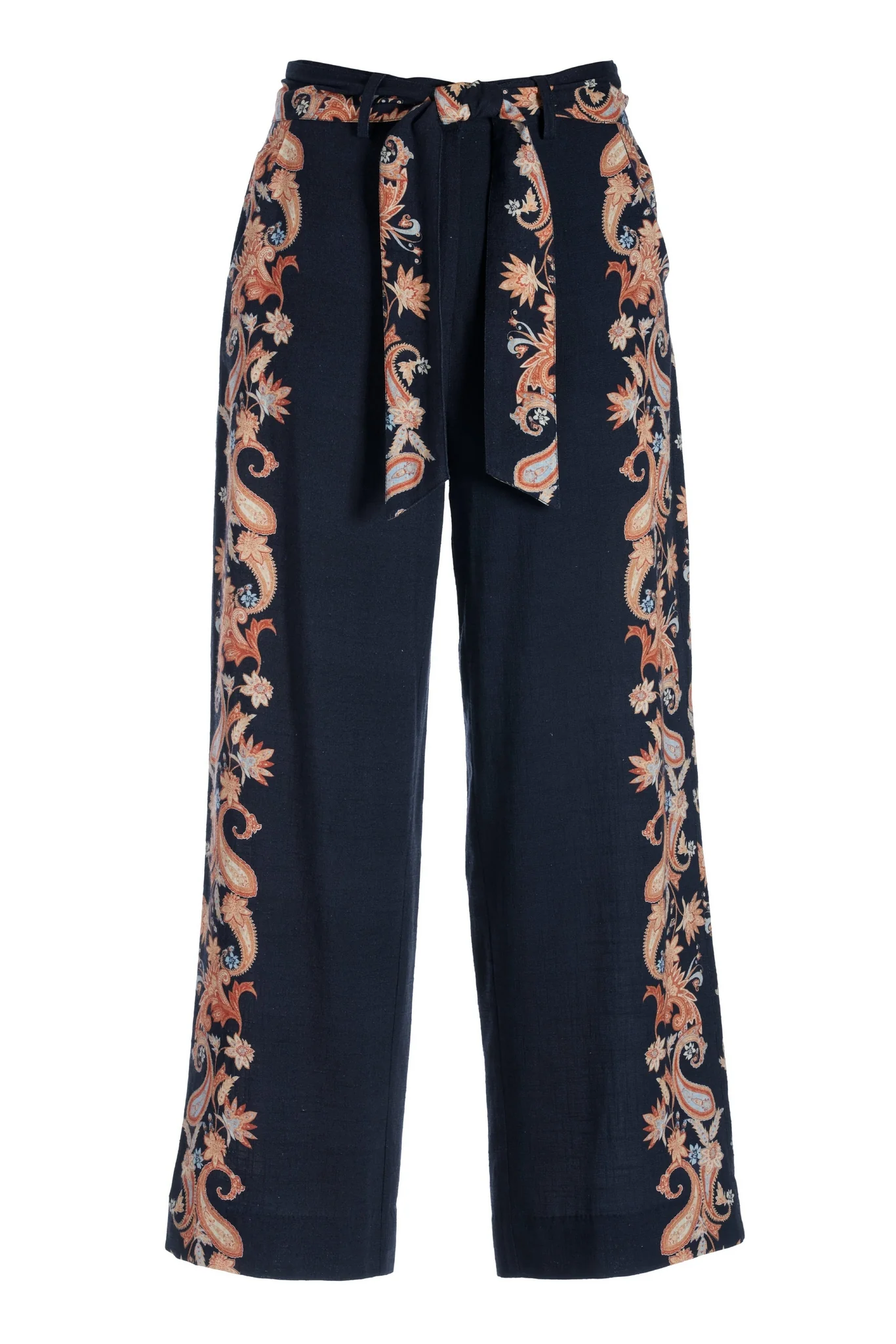 Paisley Scroll Belted Pull On Crop Pant Navy - Mycitystee