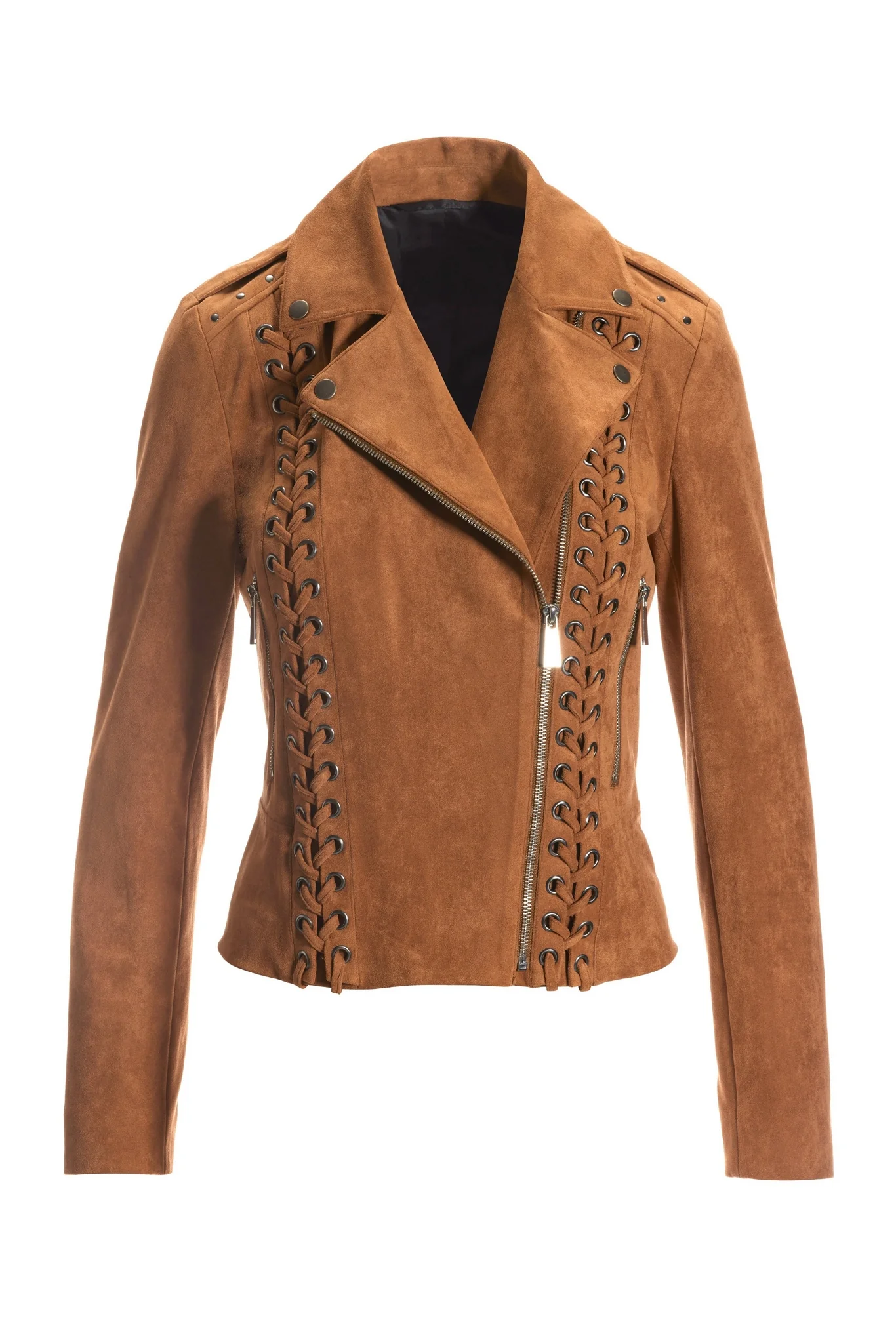 Faux Suede Lace Up Moto Jacket Cognac - Mycitystee