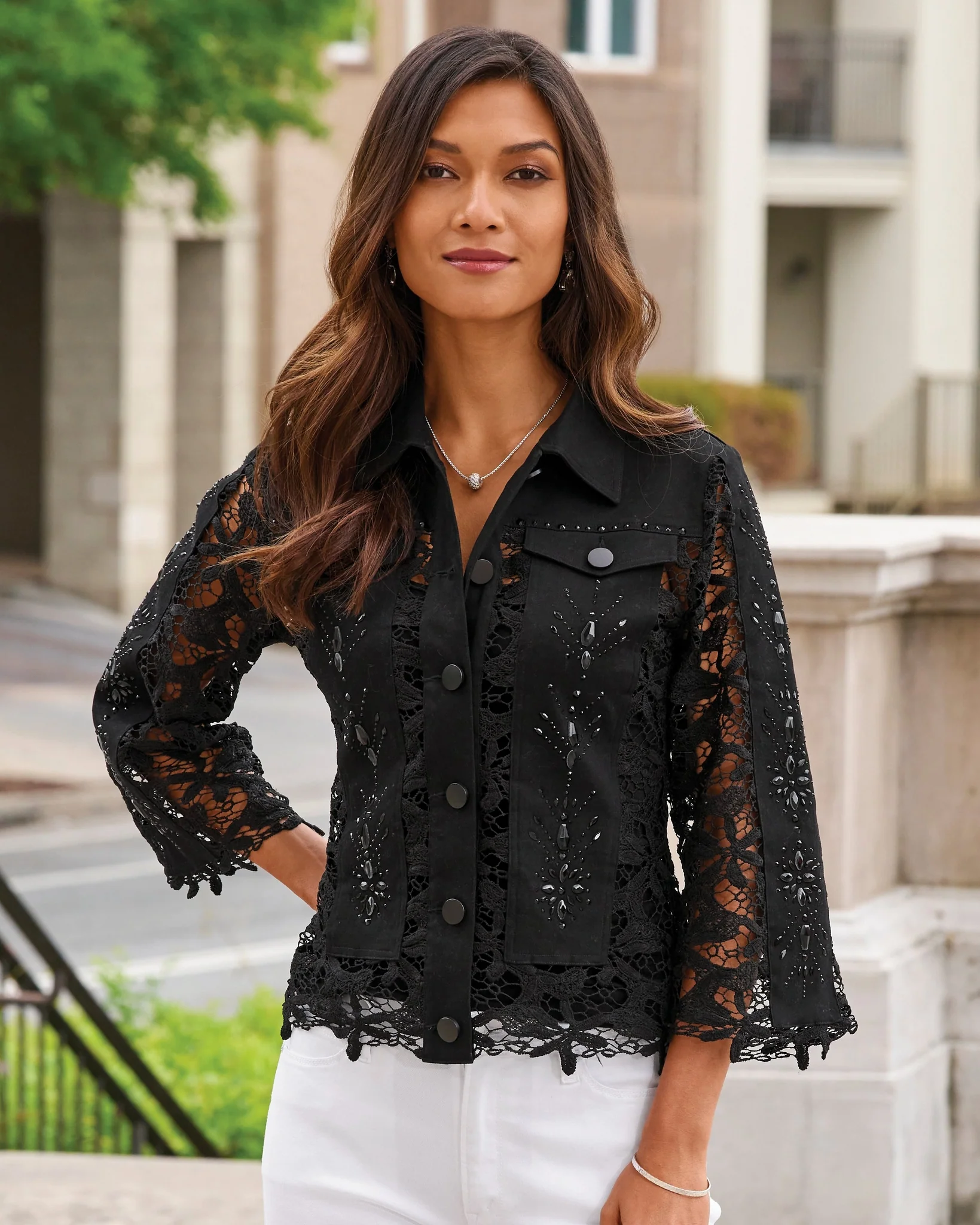 Embellished Lace Three-Quarter Sleeve Denim Jacket Black - Mycitystee