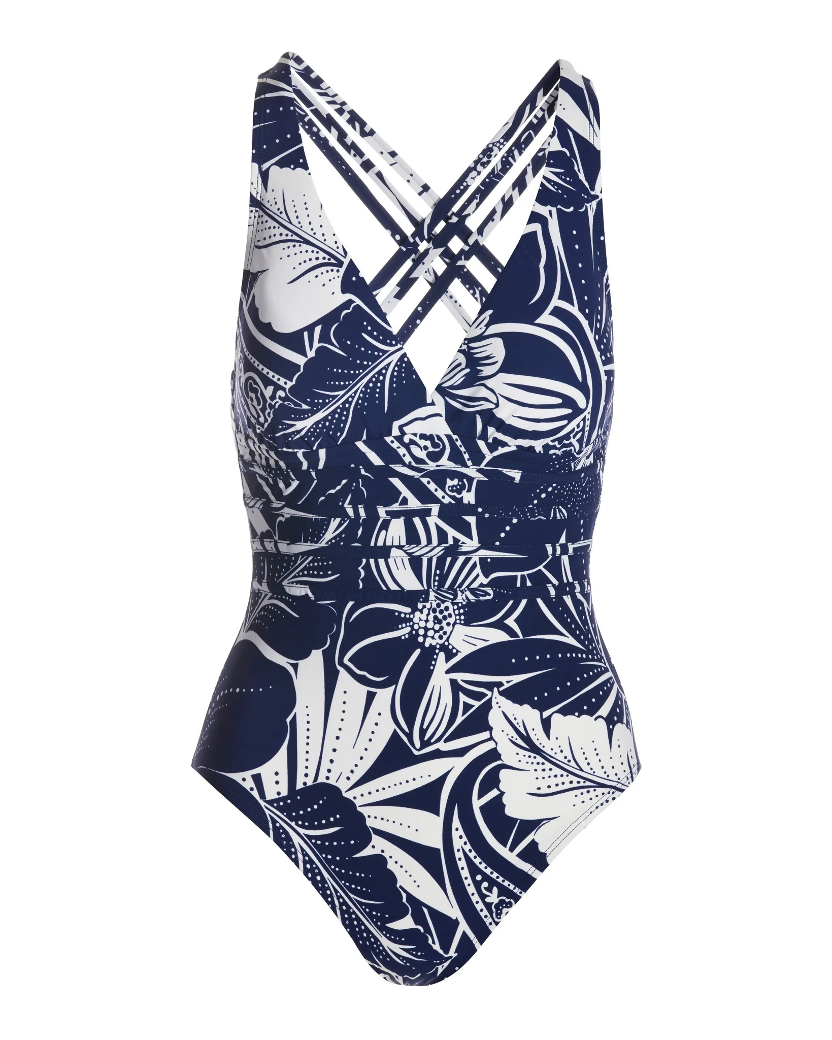 Exploded Floral Multistrap Cross-Back One-Piece Swimsuit Navy/White - Mycitystee