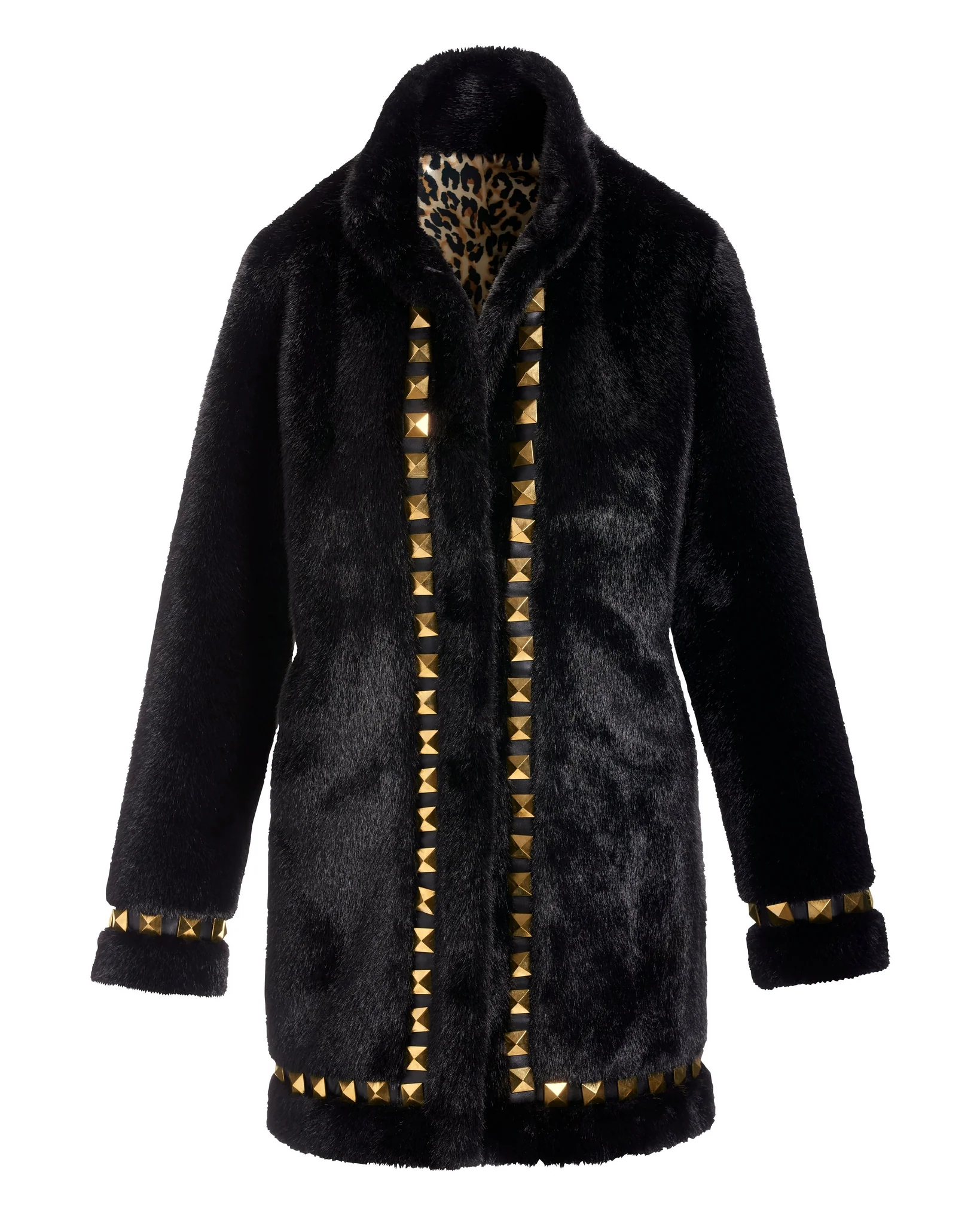 Faux Fur Studded Trim Coat Black - Mycitystee