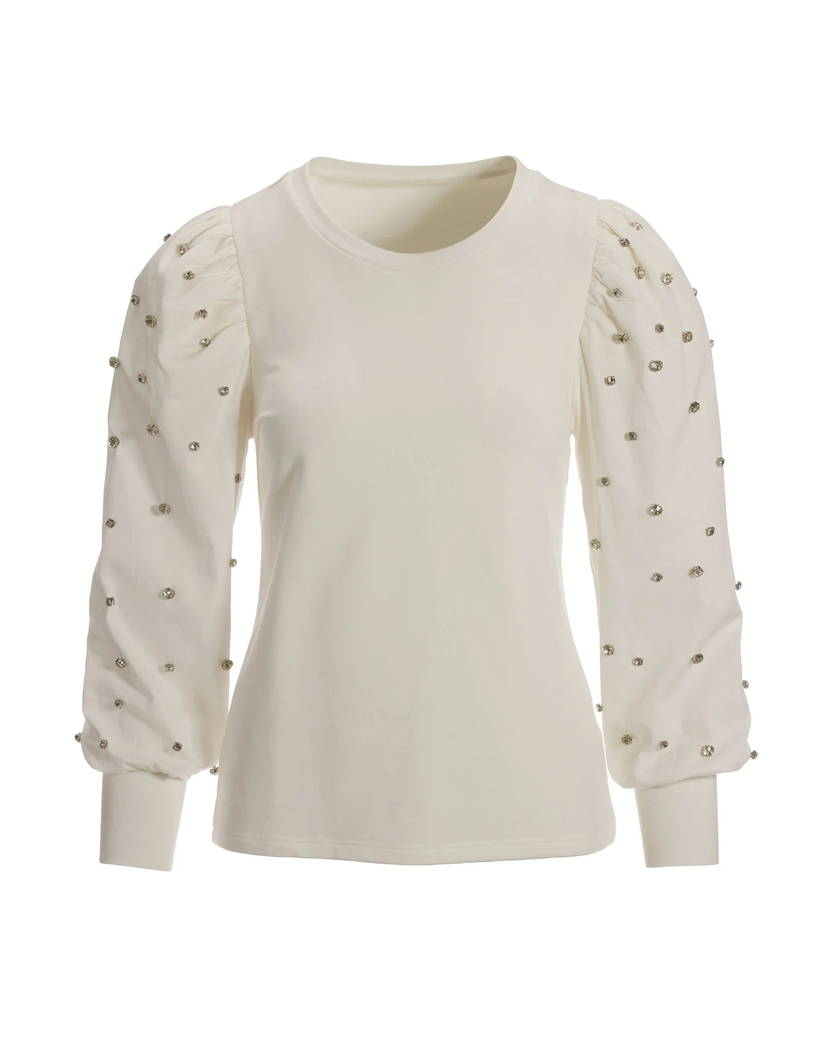 Rhinestone Mixed Media Puff-Sleeve Sweatshirt Off White - Mycitystee