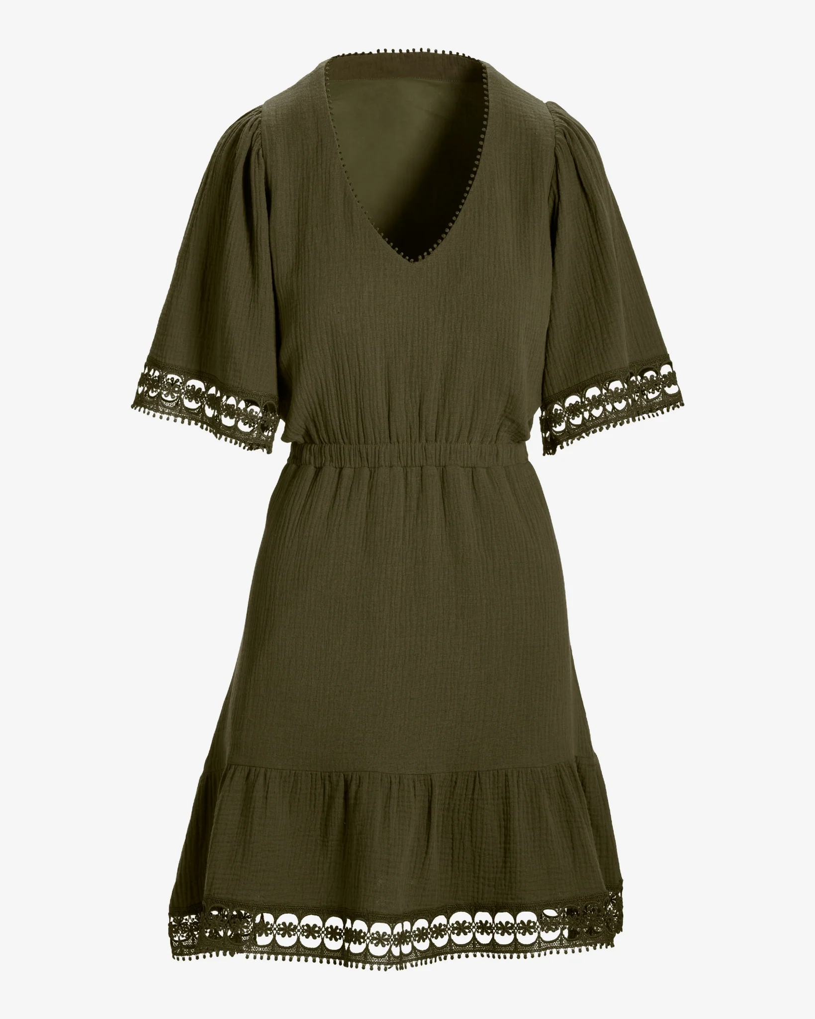 100% Cotton Gauze Lace Trim A Line Dress Olive Night - Mycitystee