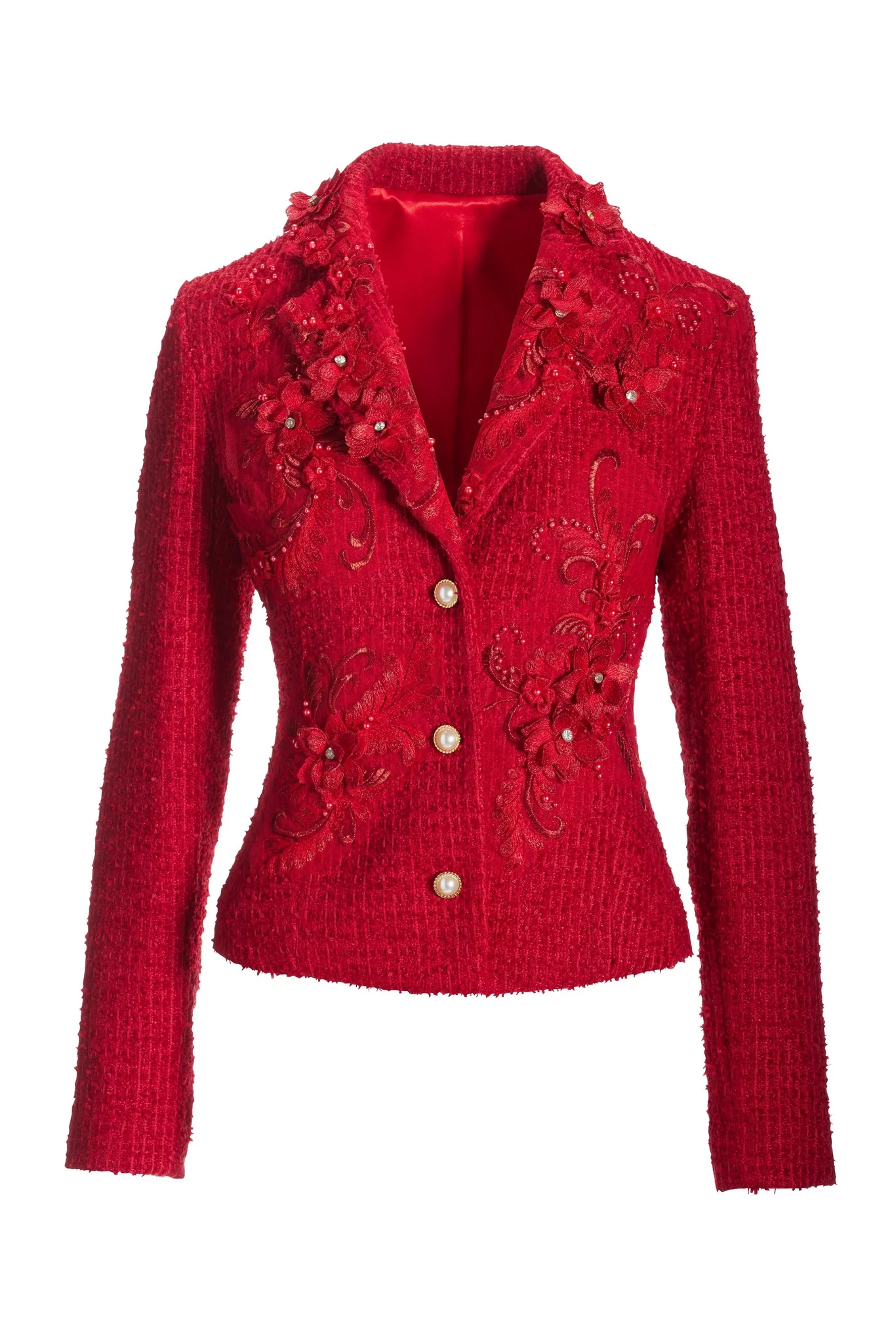 3D Floral Applique Tweed Jacket Jester Red - Mycitystee