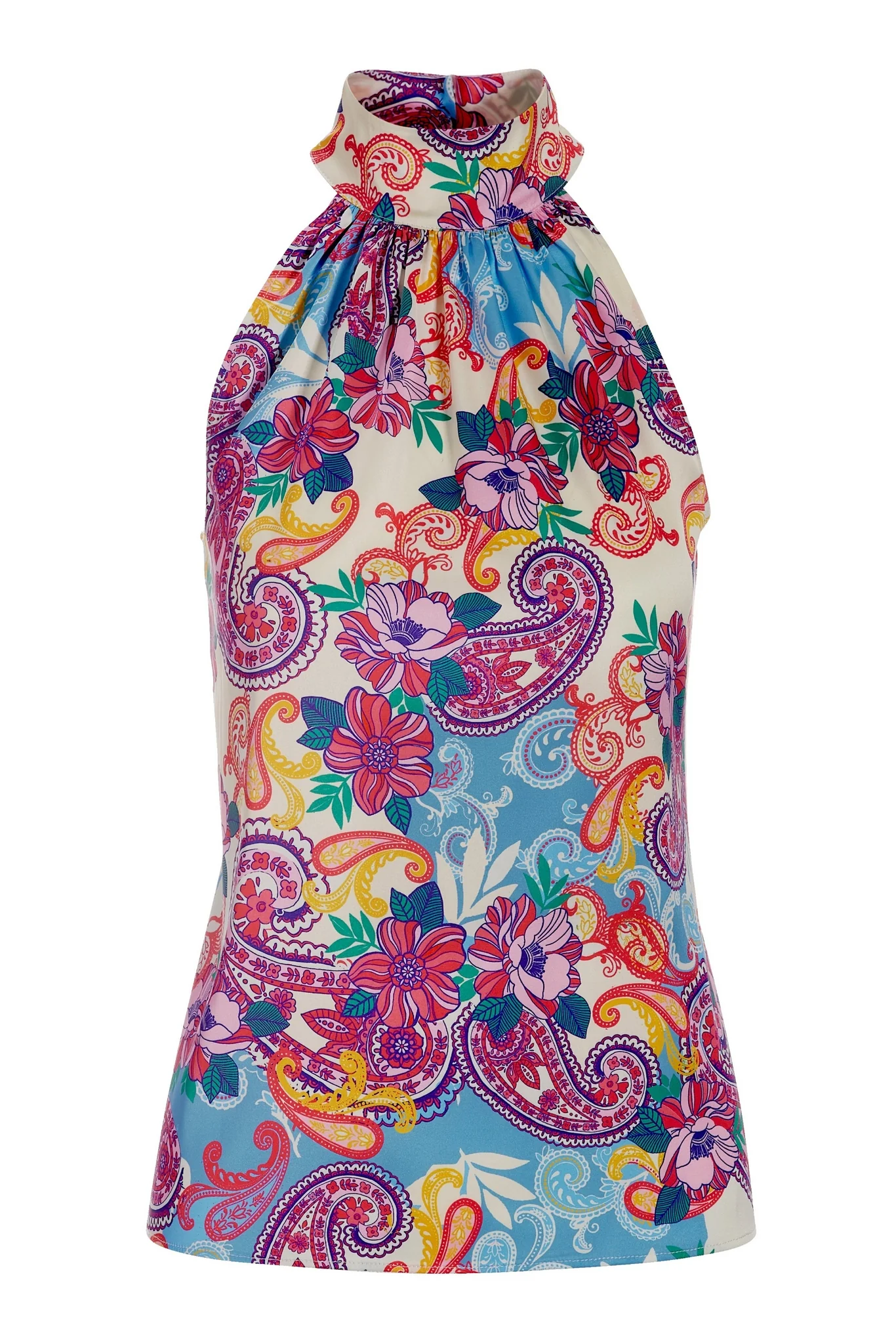 Sedona Swirls Print Charlotte Mock Neck Charmeuse Blouse Pink/Blue - Mycitystee