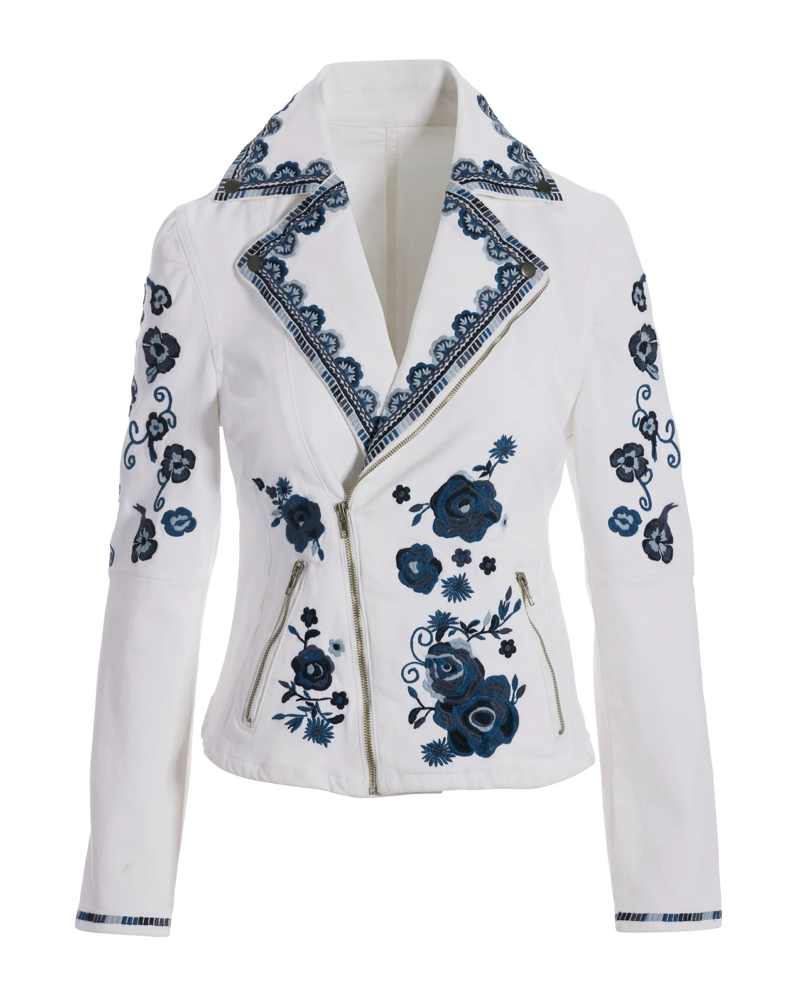 Floral Embroidered Denim Moto Jacket White Multi - Mycitystee
