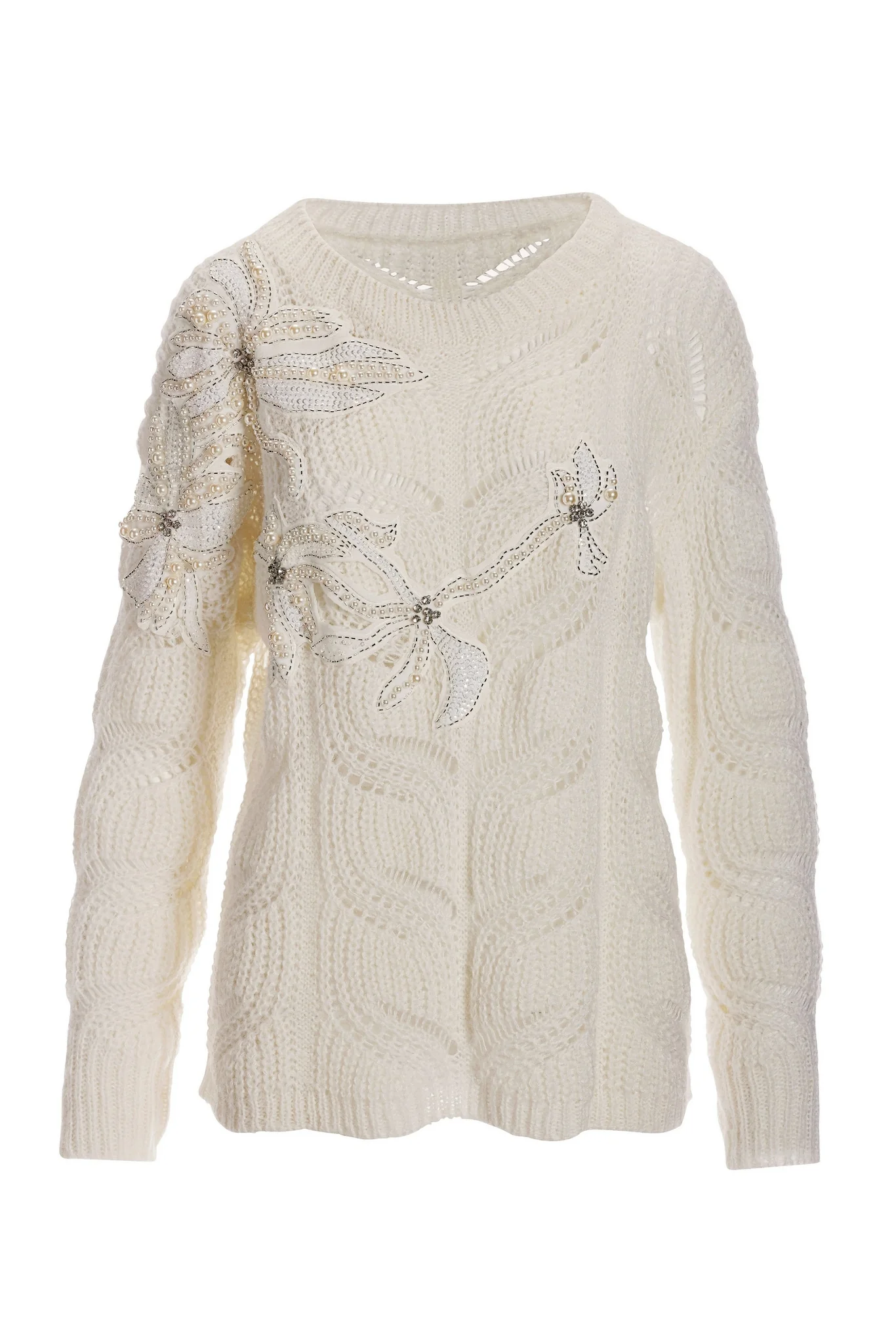 Pearl and Embellished Floral Open Stitch Sweater Off White - Mycitystee