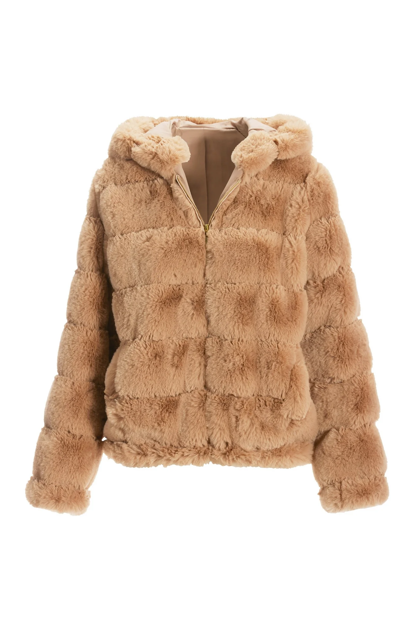Quilted Faux Fur Hooded Jacket Camel - Mycitystee