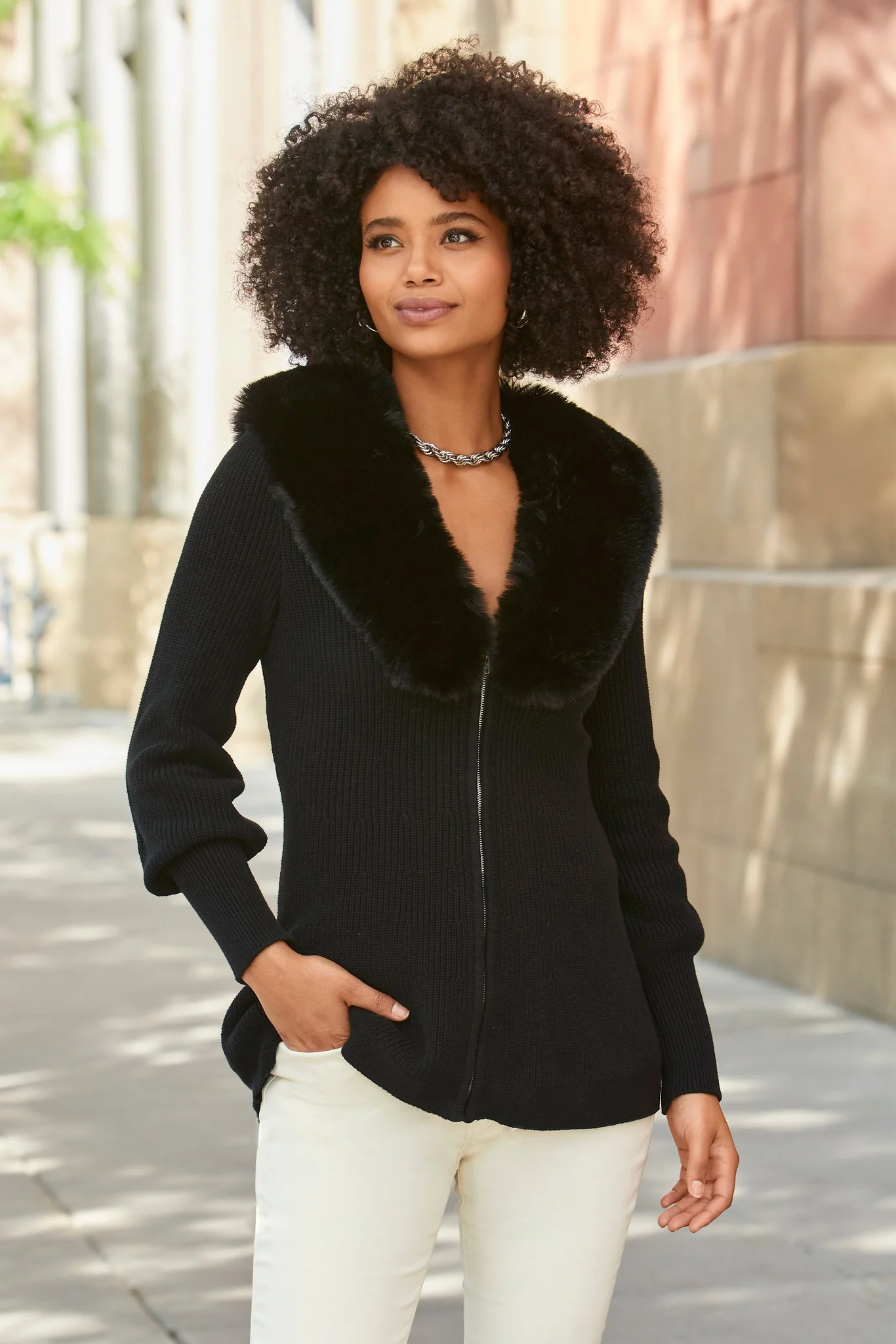 Faux Fur Balloon Sleeve A Line Zip Up Cardigan Black - Mycitystee