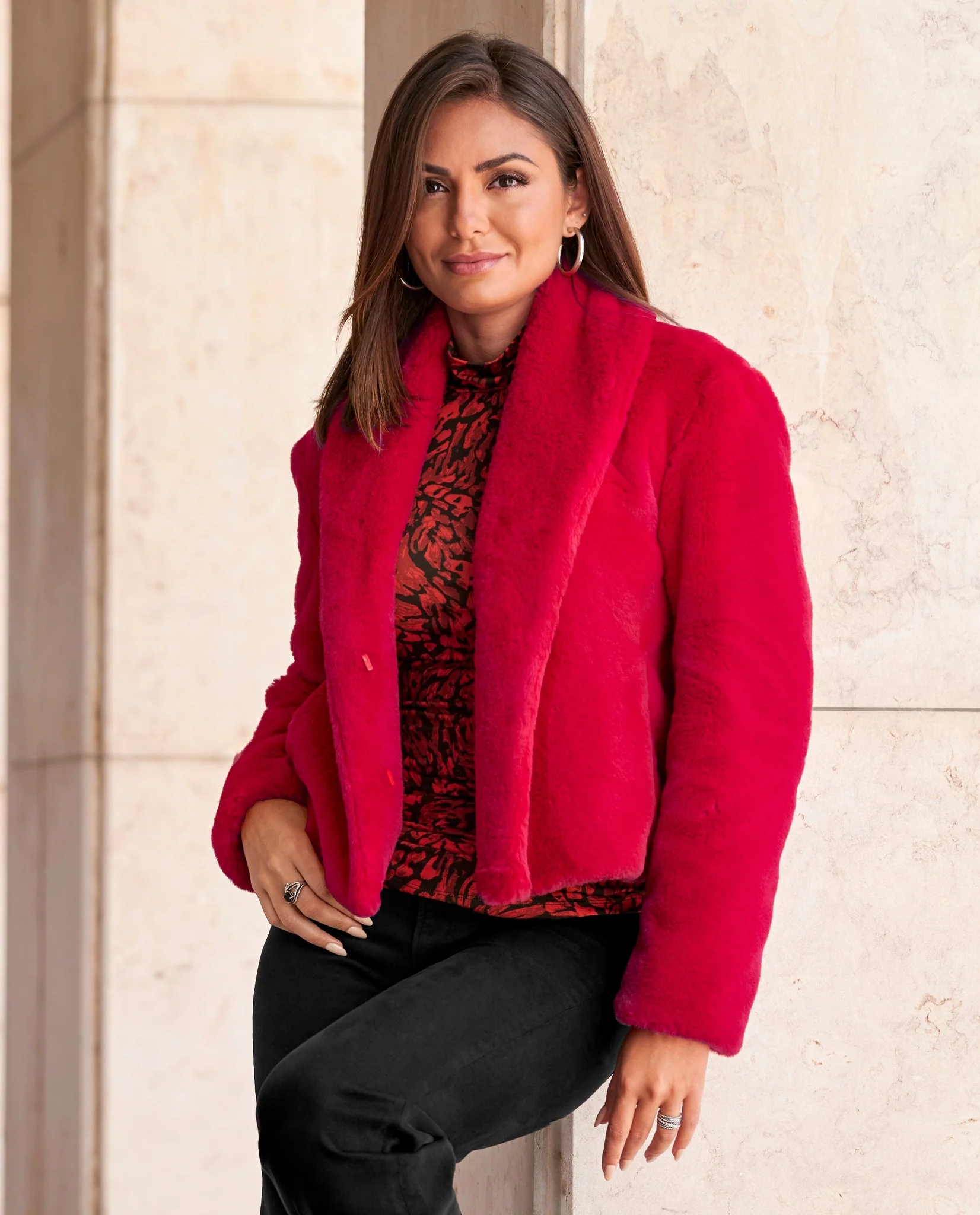 Shawl Collar Versatile Faux Fur Chubby Racing Red - Mycitystee