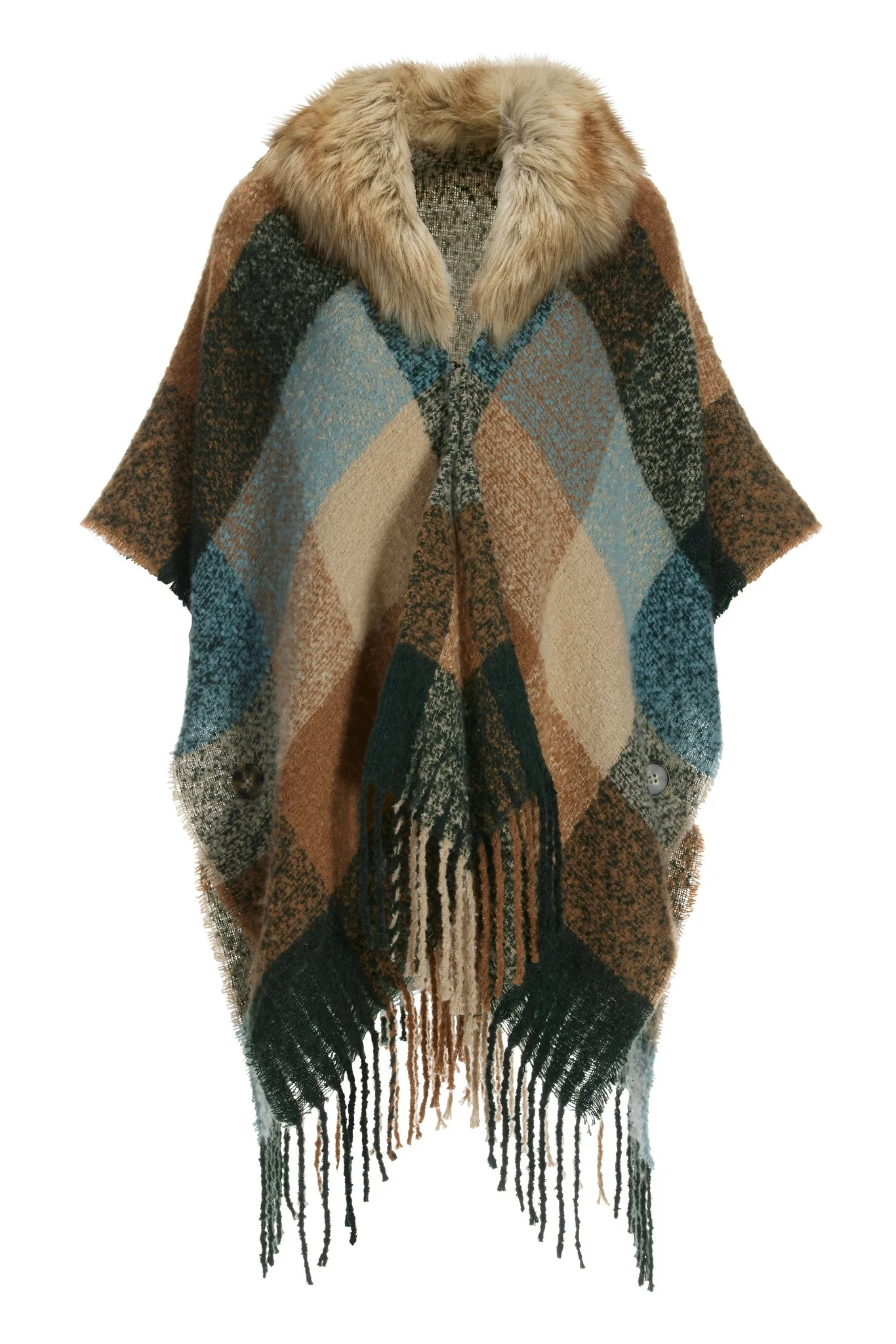 Plaid Faux Fur Fringe Poncho Multi - Mycitystee