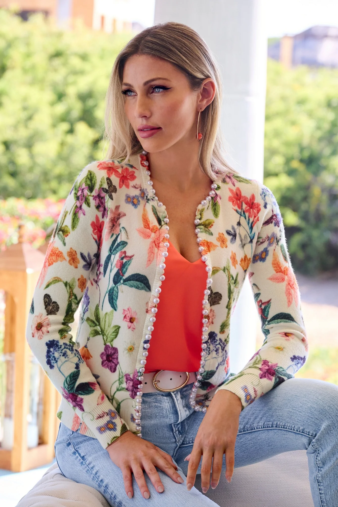 Floral Pearl Trim Cardigan White Multi - Mycitystee