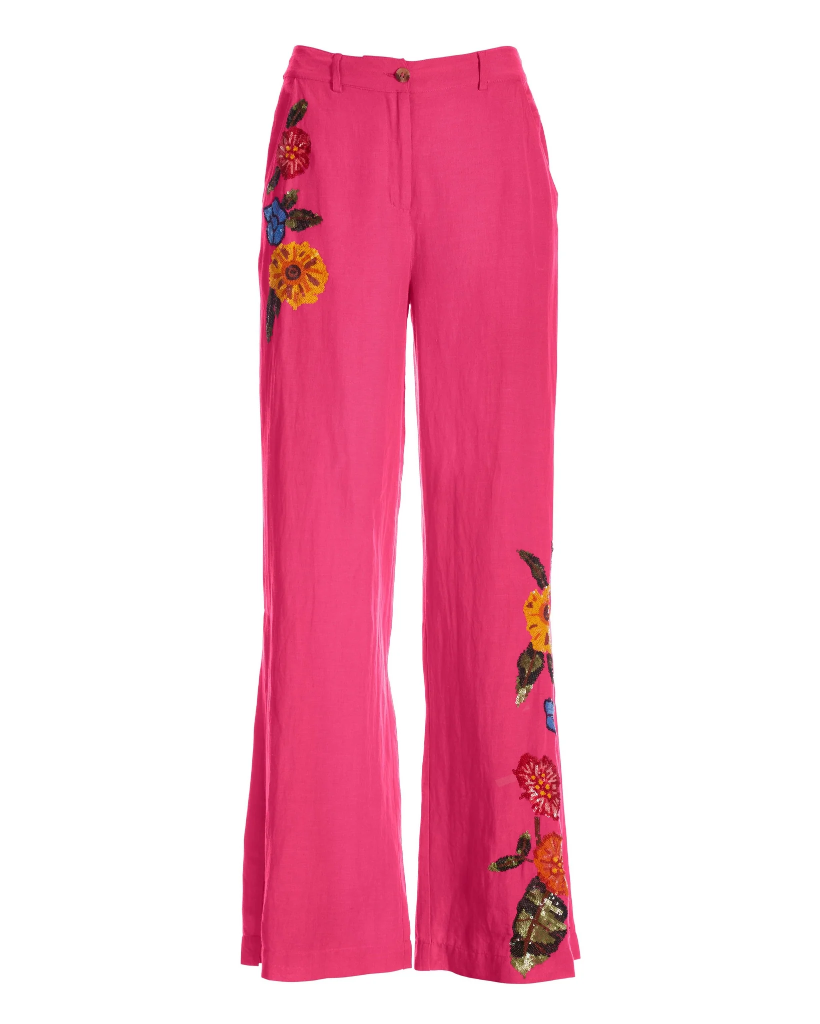 Floral Embellished Linen Pant Pink Multi - Mycitystee