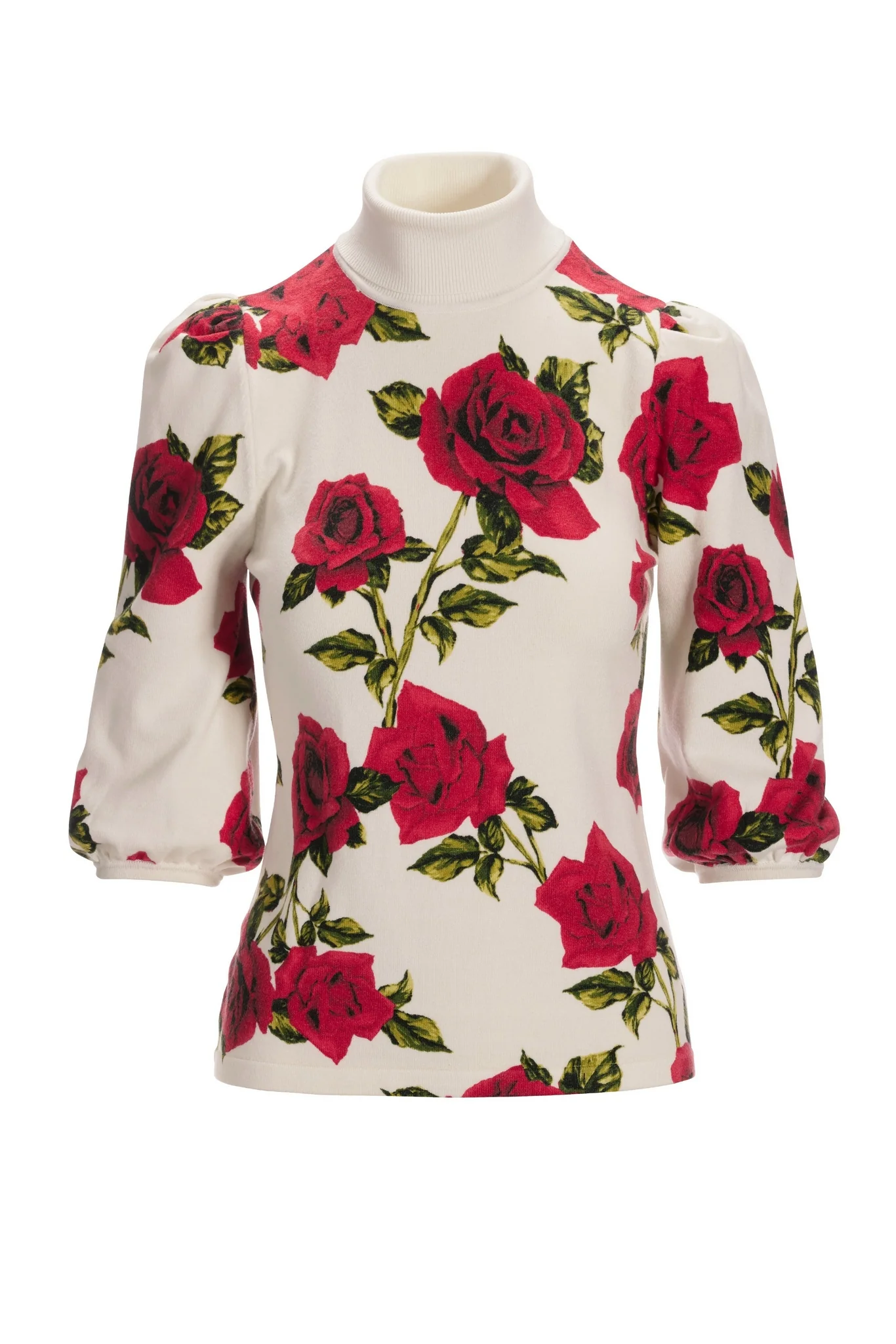 Rose Printed Turtleneck Sweater Off White Multi - Mycitystee