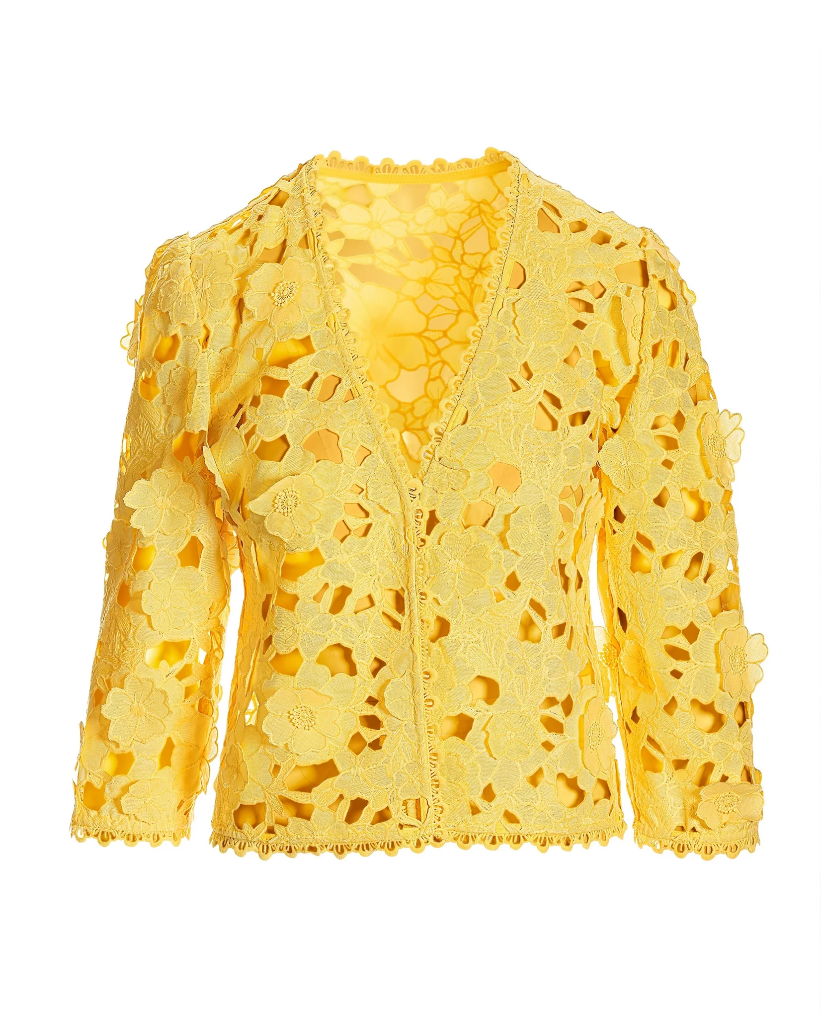 3D floral lace three-quarter sleeve jacket Lemon Drop - Mycitystee