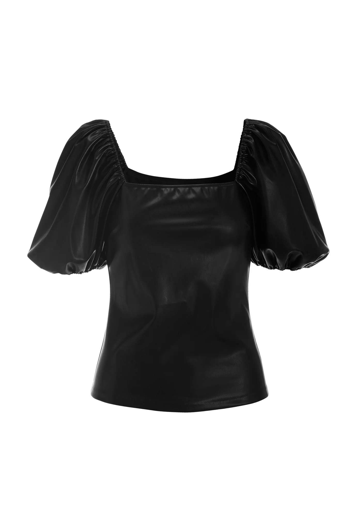 Faux Leather Square Neck Puff Sleeve Top Black - Mycitystee