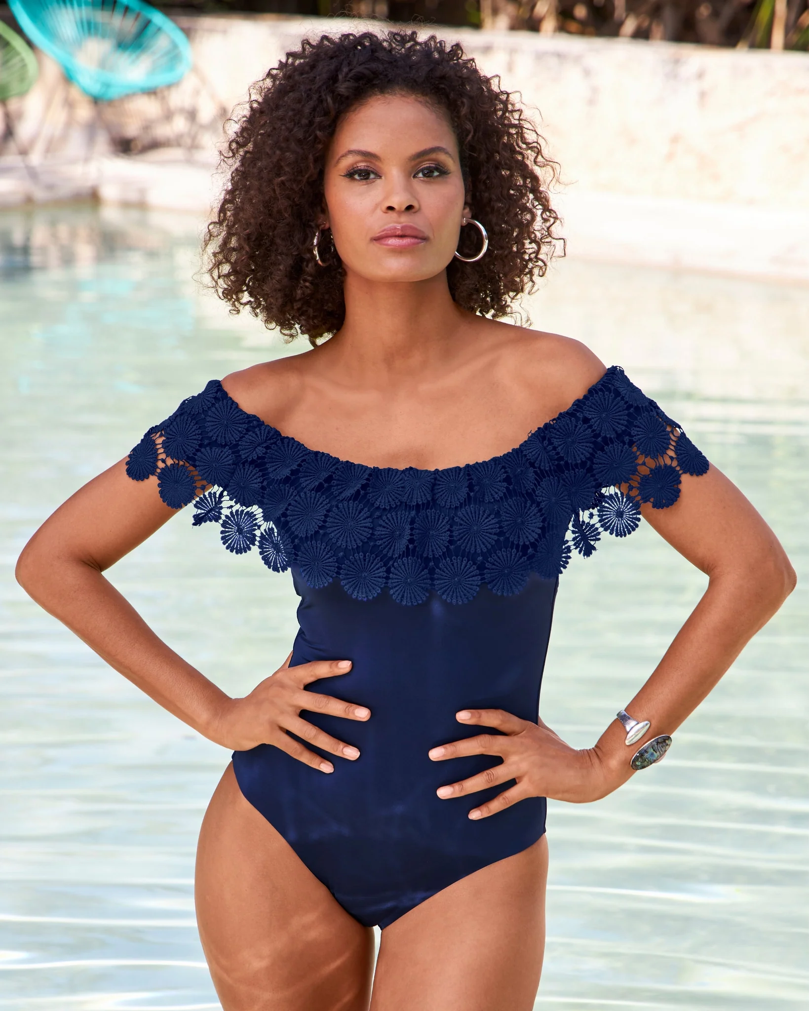 Bardot Crochet Off-The-Shoulder One-Piece Swimsuit Navy - Mycitystee