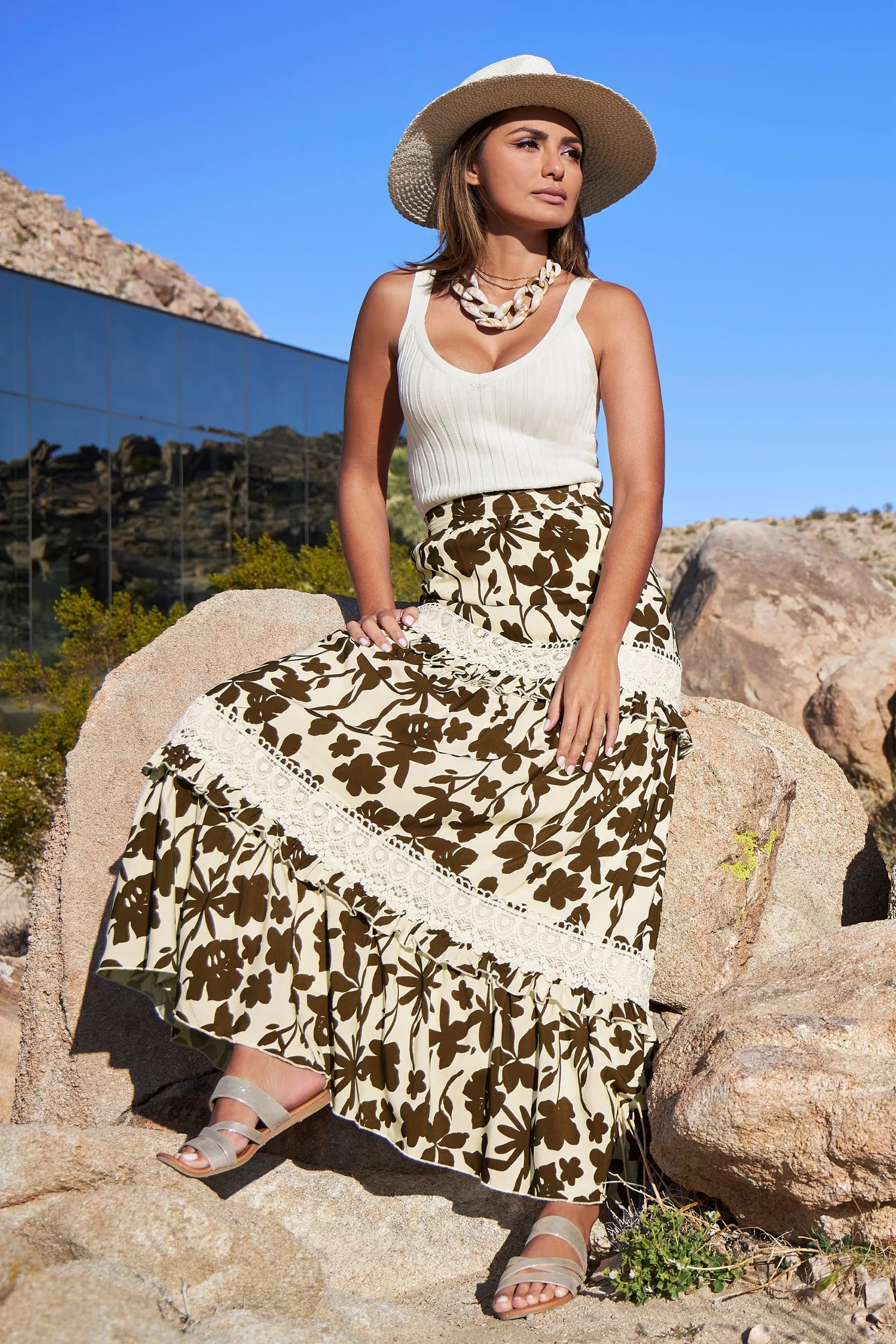 Floral Print Lace Tiered Maxi Skirt Cream/Brown - Mycitystee