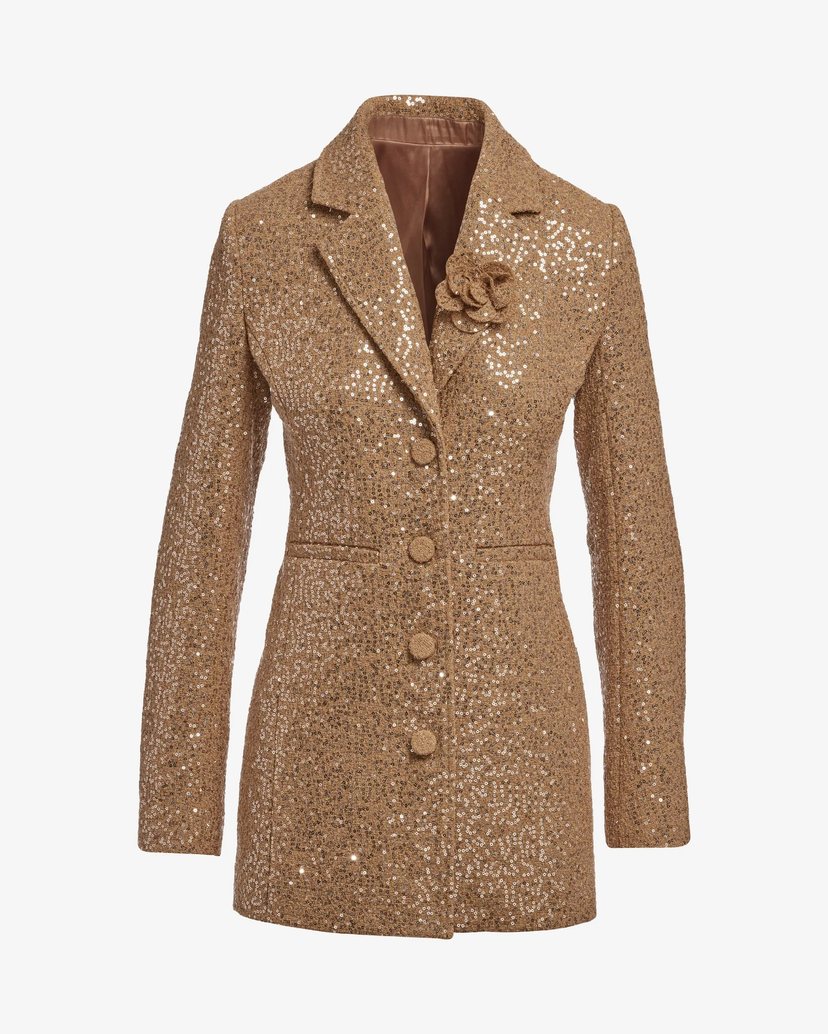 Sequin Embellished Rosette Hip Length Jacket Camel - Mycitystee