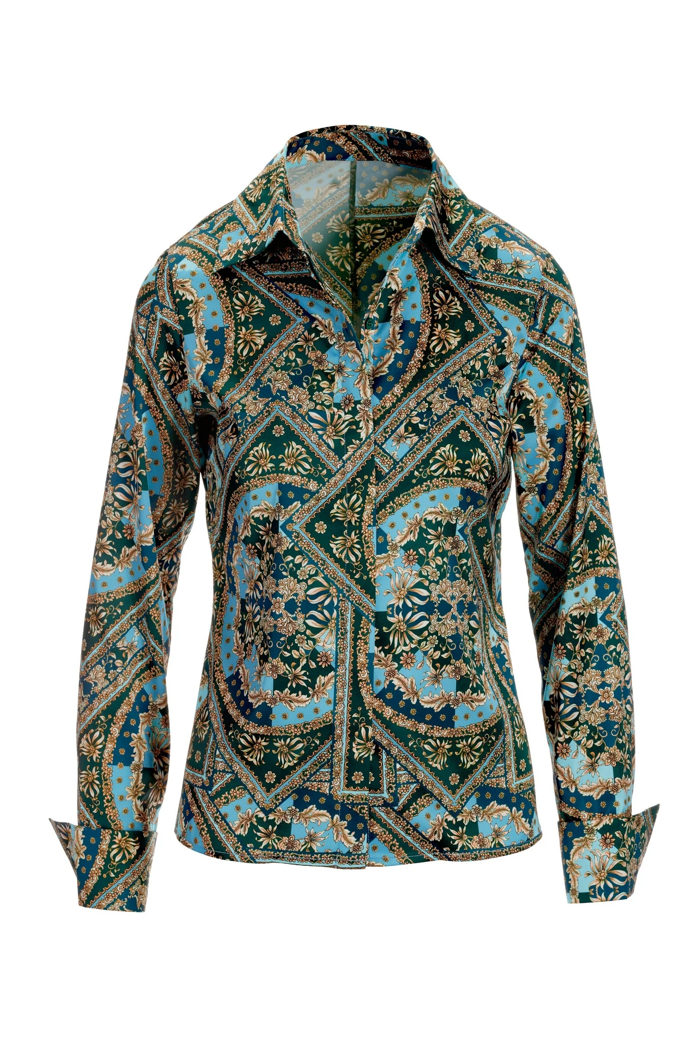 Classic Patchwork Print Sophia Button Up Charmeuse Blouse Green - Mycitystee