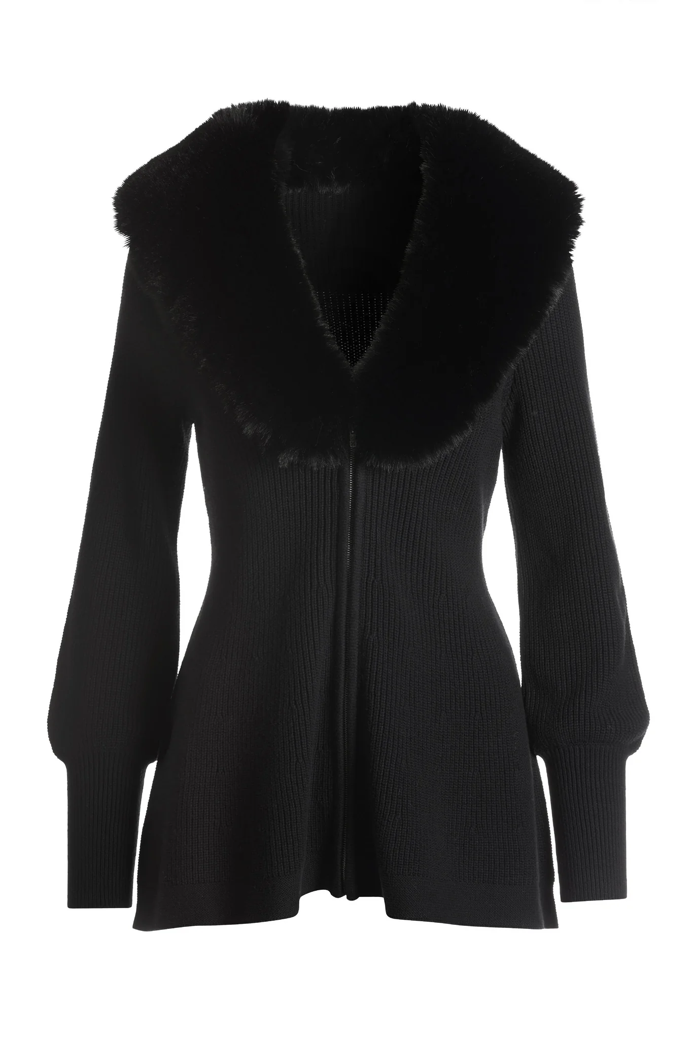Faux Fur Balloon Sleeve A Line Zip Up Cardigan Black - Mycitystee