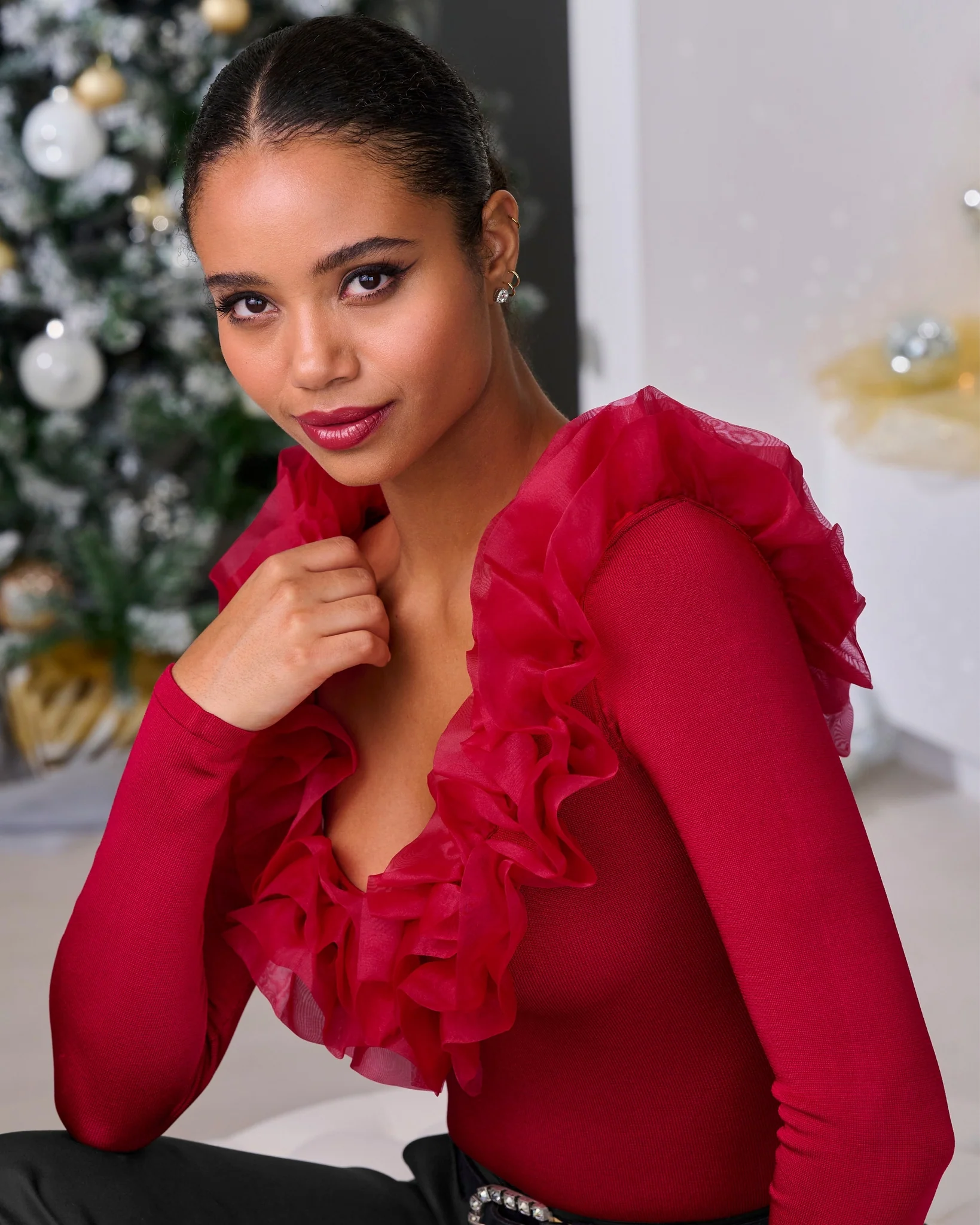 Organza Ruffle V Neck Sweater Jester Red - Mycitystee